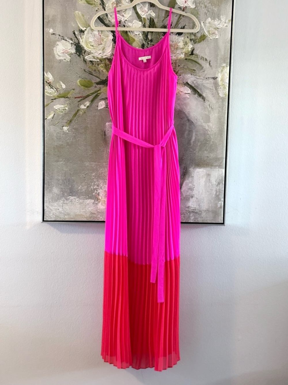 Skies Are Blue Pleated Pink & Red Maxi Dress with Waist Tie
